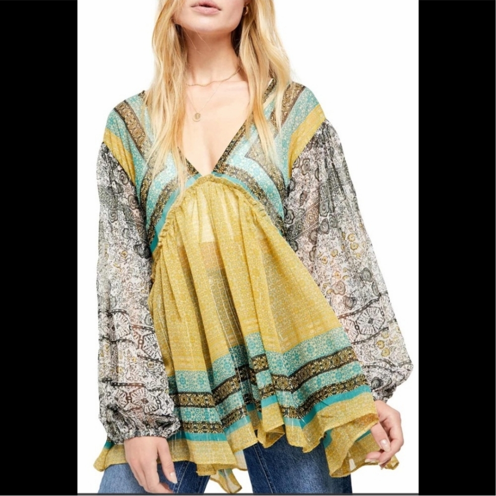 Womens Free People Aliyah Printed Metallic Sheer Boho Tunic Top Size XS - Picture 1 of 10